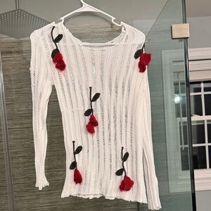 White Knit Sweater with Red Floral Accents